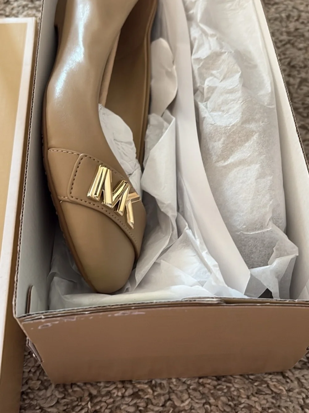Michael Kors Tan Leather Ballet Flat with Gold MK Emblem